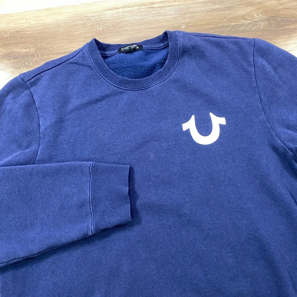 True Religion Sweatshirt Men Medium Horseshoe Logo Cotton Blend Blue Streetwear